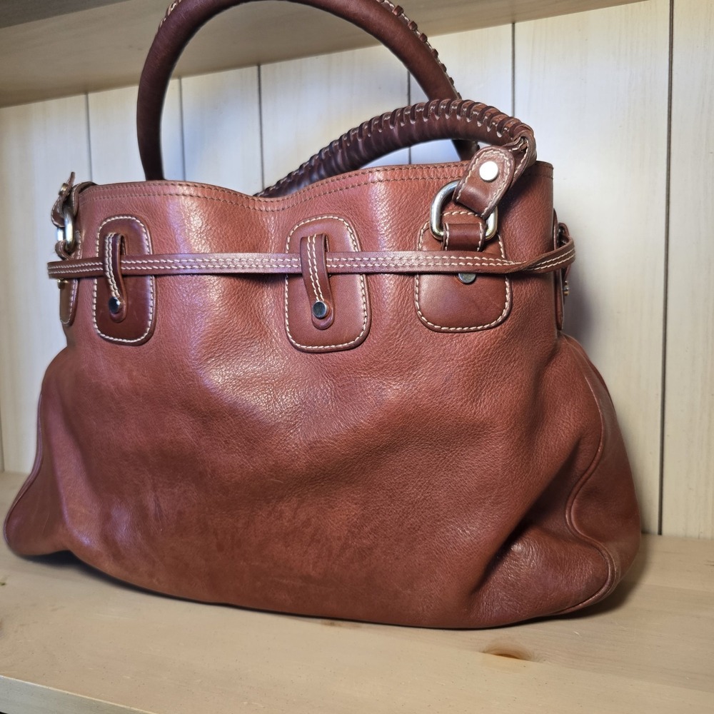 Vtg Michael Kors Double Pocket Buckle Whipstitch Leather Brown Hand Shoulder Bag - Picture 4 of 10